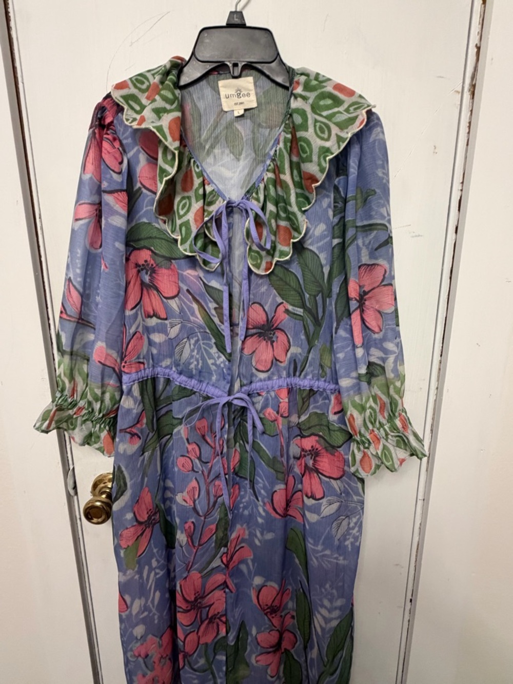 Umgee Lilac Floral Tie-Front duster with Green and pink Print